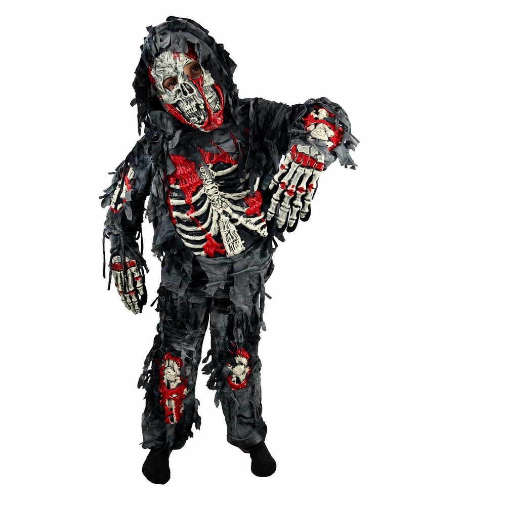 Zombie Deluxe Kids Costume Set Hooded Top Pants Mask Gloves Gray Red Size L